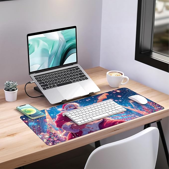 Santa Claus Guitar Extended Gaming Mouse Pad 35.4 x 15.7 Inch – Festive Desk Mat for Gaming, Holiday Work, and Home Office, with Non-Slip Rubber Base and Stitched Edges