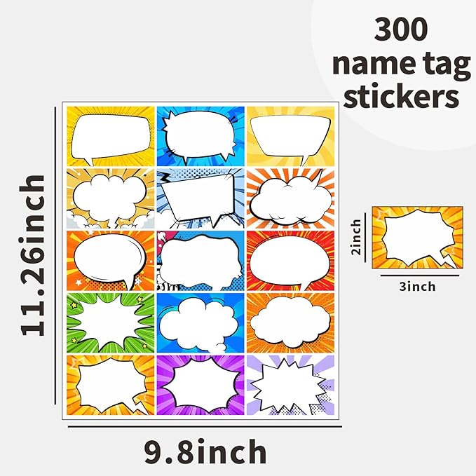 300 Pcs Superhero Name Tags Stickers, Colorful Comic Large Nametags Badge Labels Sticker for Kid's Themed Party, 3" x 2"