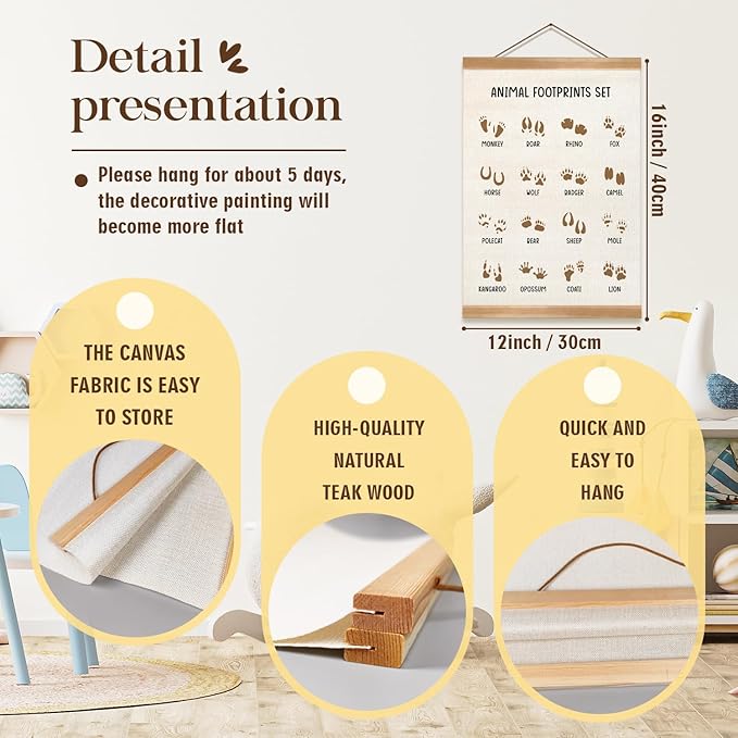 ZTGDA Animal Footprints Wall Art Poster – Animal Footprints Canvas Print with Wood Hanger Frame, Education Learning Poster for Nursery Classroom Playroom Decor 12x16Inch