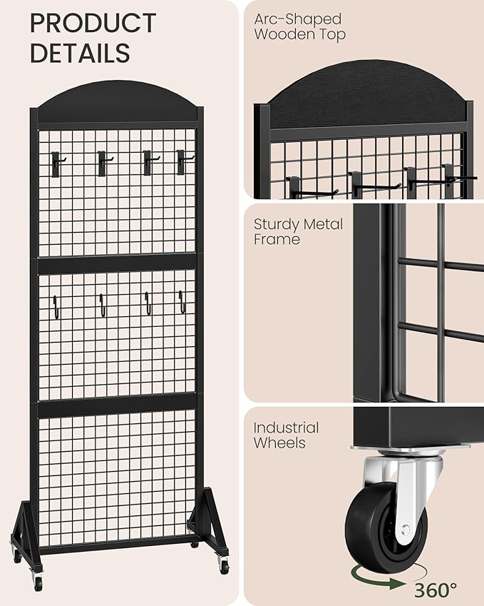 2 Packs Grid Wall Panel 5.7' x 2' FT Grid Display Rack with Wheels, Movable Gridwall Display Stand with 8 S-Shaped Hooks and 8 Garment Hooks, Floorstanding Wire Grid Rack, Black TCJ17P2BB