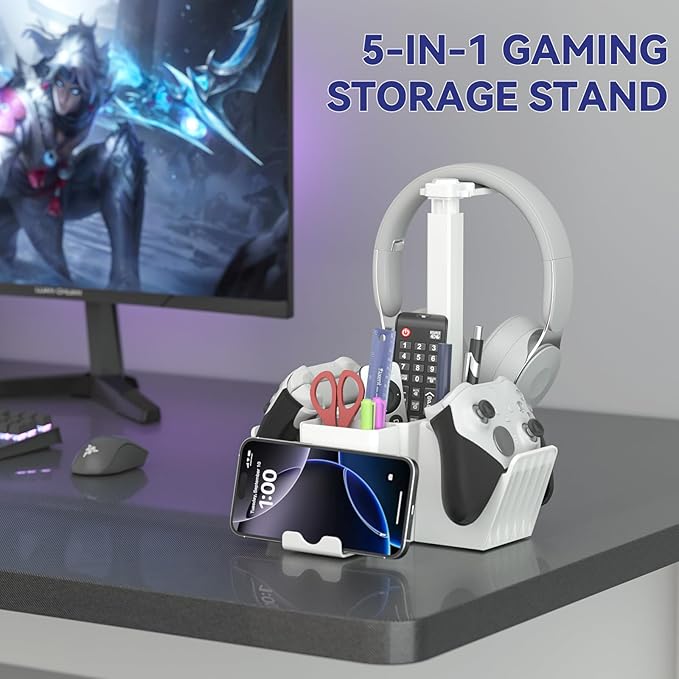 KDD Dual Controller Holder with Headphone Stand - Multi-Functional Desk Storage Box with Phone Holder - Universal Controller Stand with Desktop Organizer for Remote Control Pen Accessories(White)