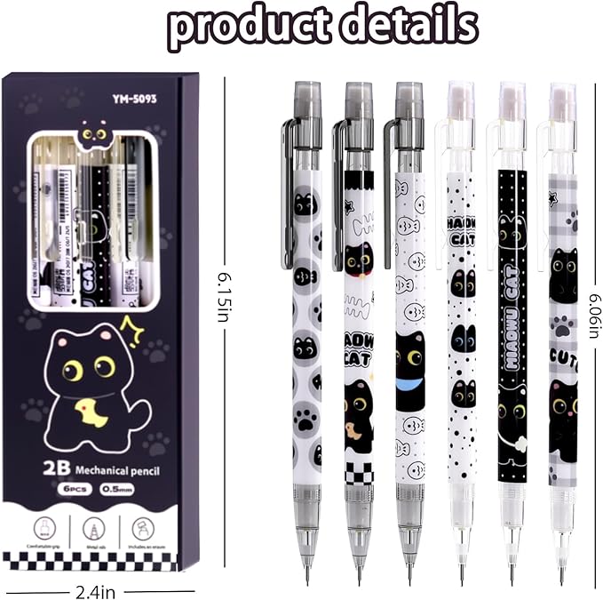 Black Cute Cat Stationery Set Cat School Supplies Including Sticky Notes,Mechanical Pencils,Eraser,Notebook,Stickers etc Kawaii Birthday Christmas Gifts Classroom Rewards (Black Cute cat)