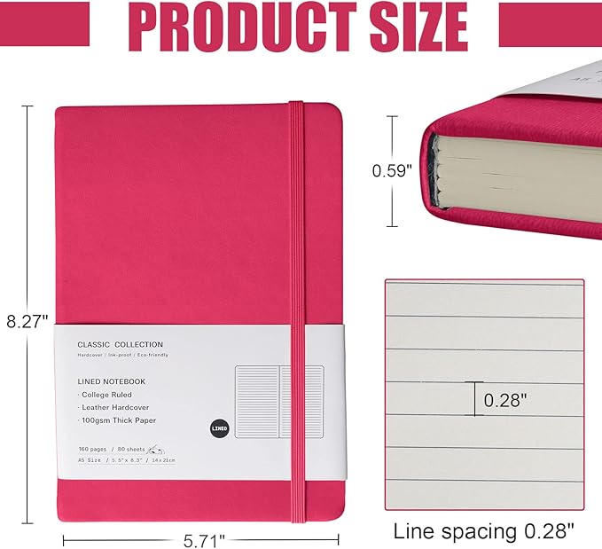 Lined Journal Notebook – Hardcover Notebook for Men & Women – Journals for Writing, Work, School, Home & Daily Notes, 160 Pages – Medium A5, 5.7"x8", 100 gsm Thick Paper (Rose Red)