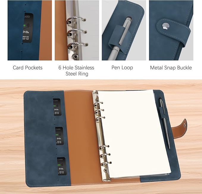 FYY A5 Binder Refillable Planner Notebook 6 Ring PU Leather Binder Journal with Pockets, Dividers, Refill Paper Navy