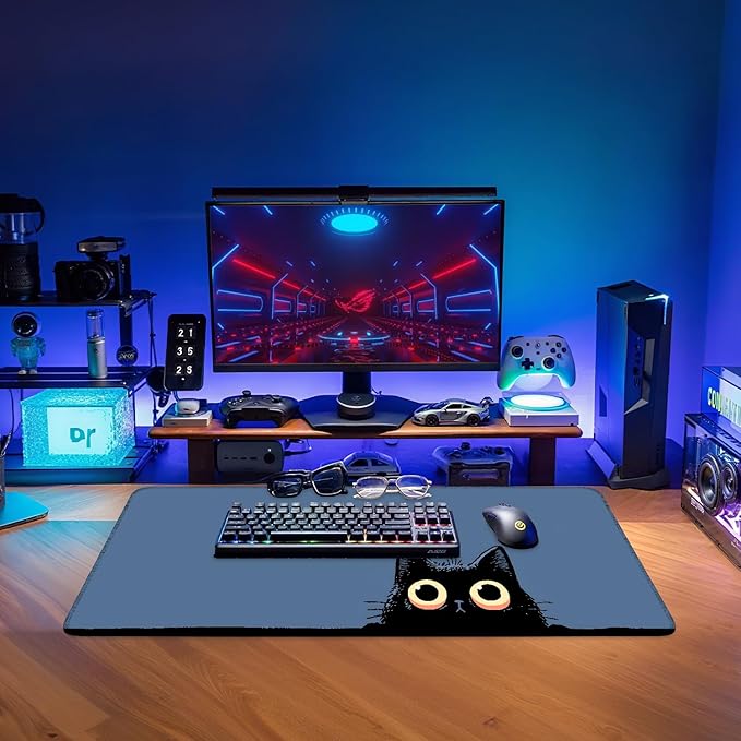 Cat Eyes Extended Mouse Pad XL 31.5"x11.8" – Playful Cat Design Desk Mat – Non-Slip Rubber Base, Stitched Edges