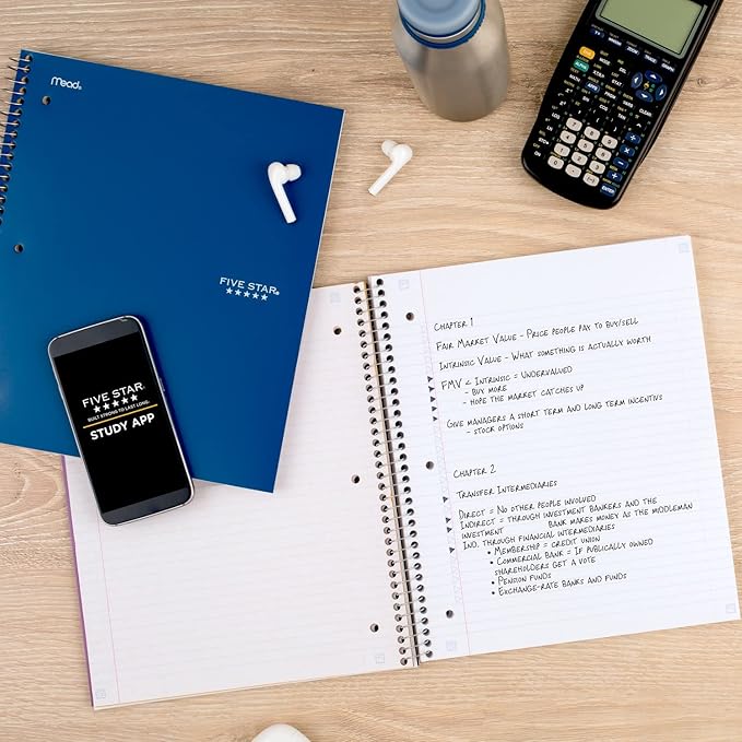 Five Star Spiral Notebook + Study App,5 Subject,College Ruled Paper,8-1/2" x 11",200 Sheets,Fights Ink Bleed,Water Resistant Cover,Pacific Blue (73635),(Pack of 6)