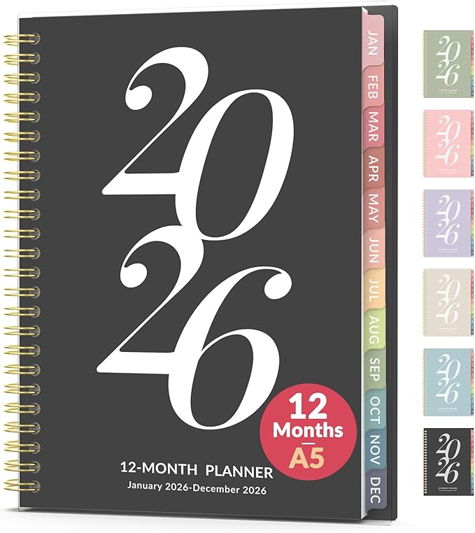 2026 Planner Weekly and Monthly, Jan - Dec 2026, 6.3" x 8.4”, Small Agenda Planner for Women, Aesthetic Calendar Planner with Spiral Bound, Month Tab, Flexible Cover for School, Office (A5, Black)