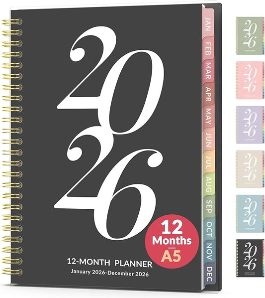 2026 Planner Weekly and Monthly, Jan - Dec 2026, 6.3" x 8.4”, Small Agenda Planner for Women, Aesthetic Calendar Planner with Spiral Bound, Month Tab, Flexible Cover for School, Office (A5, Black)