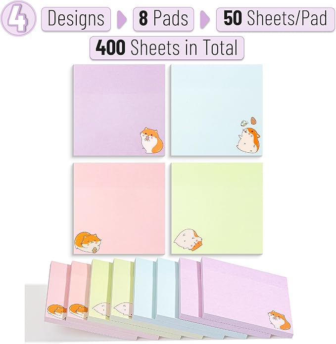 Mr. Pen- Sticky Notes, 3”x3”, 8 Pads, 400 Sheets, Tiny Hamster Sticky Notes
