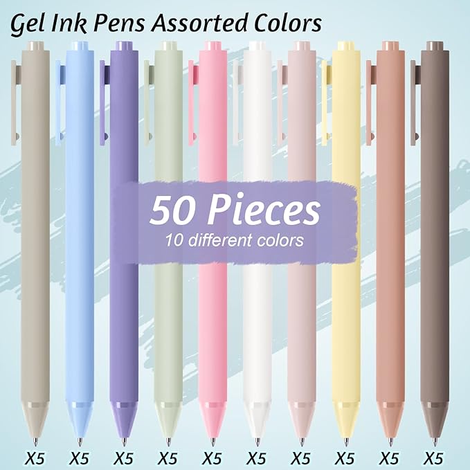 Crtiin 50 Pcs Gel Ink Pens Bulk, Black Ink 0.5mm Fine Point Retractable Pen Smooth Writing Office Supplies for Teacher Server Nurse Valentine Galentine Gift (Pastel Colors)