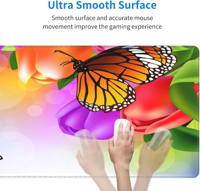 Tulip Flowers and Butterfly Large Mouse Pad with Stitched Edges Long Non-Slip Rubber Base Mousepad Laptop Keyboard Mat Desk Pad for Office Home Desk Decor, 31.5" X 11.8"