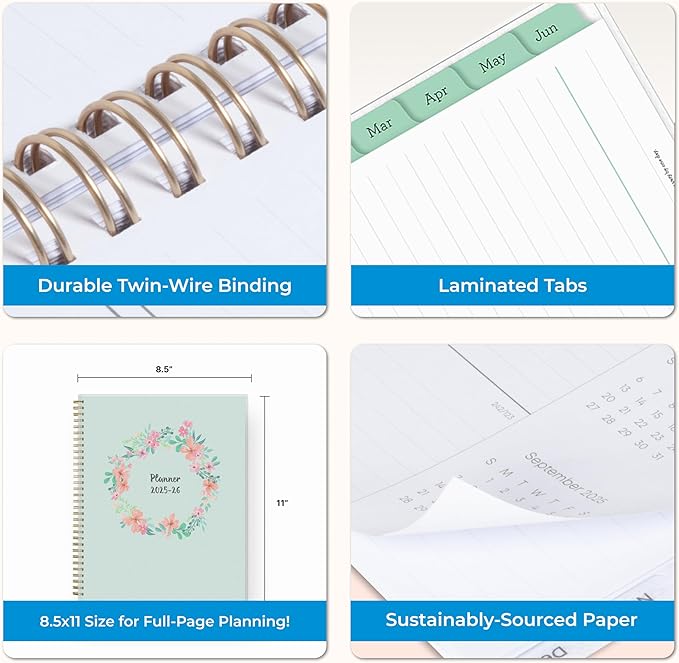 Blue Sky Weekly and Monthly Academic Year Planner Calendar, July - June, Flexible Cover, Wirebound, Laminated Tabs, Laurel (Laurel- 2025/2026, 8.5" x 11")