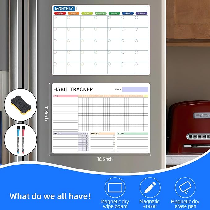 Habit Tracker Magnetic Whiteboard Set-Daily Weekly and Monthly Goal and Habit Tracker Magnetic Whiteboard for Refrigerator-Magnetic Calendar for Fridge -Motivational Goal & Planner Journal