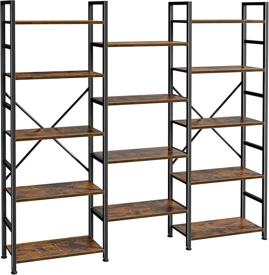 SUPERJARE Triple Bookshelf, Bookcase with 11 Open Display Shelves, Wide Book Shelf Book Case for Home & Office, 5 Tier, Rustic Brown