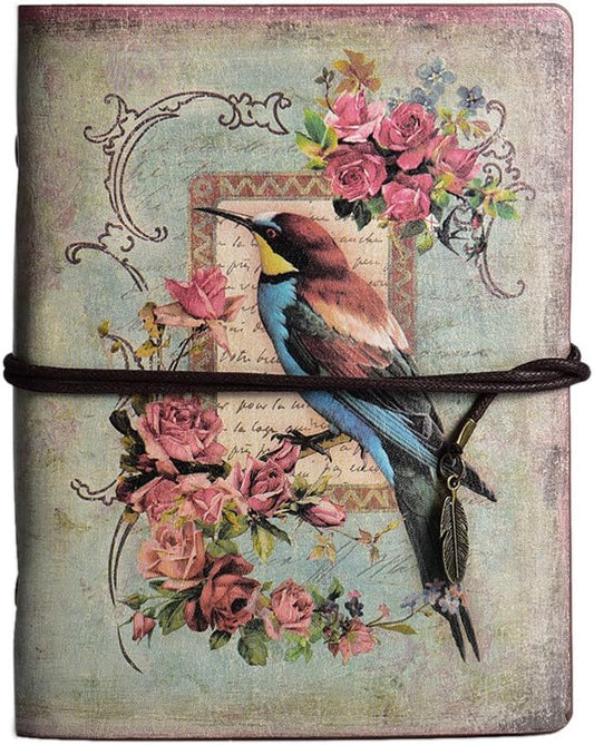 MALEDEN Vintage Refillable Journal, Premium Leather Traveler Notebook Sketchbooks Classic Diary Planner with Blank Pages and Zipper Pocket (Bird)