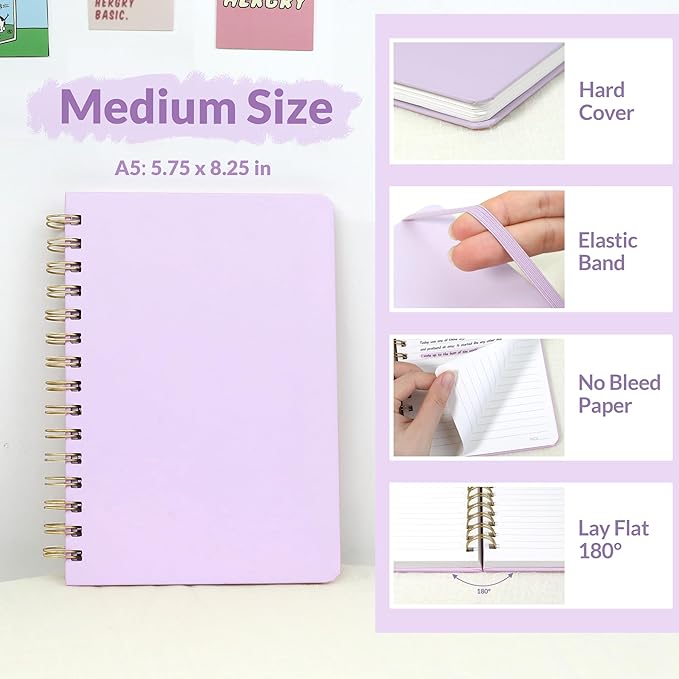 SUNEE Journaling Notebooks, A5 Lined Spiral Notebook for Women, 146 Pages College Ruled Hardcover Notebook for Work, Note Taking, Journaling and Office School Supplies, A5 - Purple