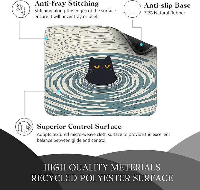 Cute Black Cat Desk Pad Mat with Stitched Edges and Non-Slip Rubber Base, Premium-Textured Mouse Pad for Laptop, Computer & PC, Gaming & Working, Waterproof Mousepad