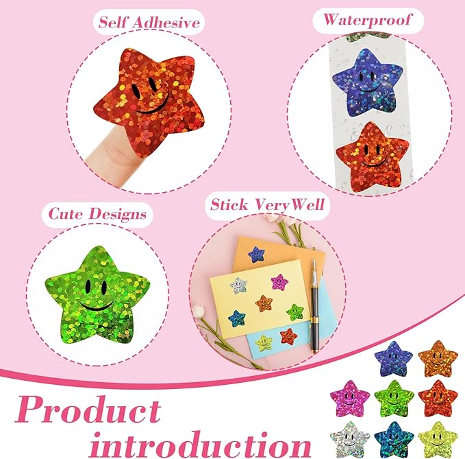 700Pcs Smiley Face Star Stickers for Kids Reward,1inch 8 Colored Sparkly Foil Star Stickers for Student Planner and School Classroom Teacher Supplies 3.15inch in Diameter per roll(8cm)
