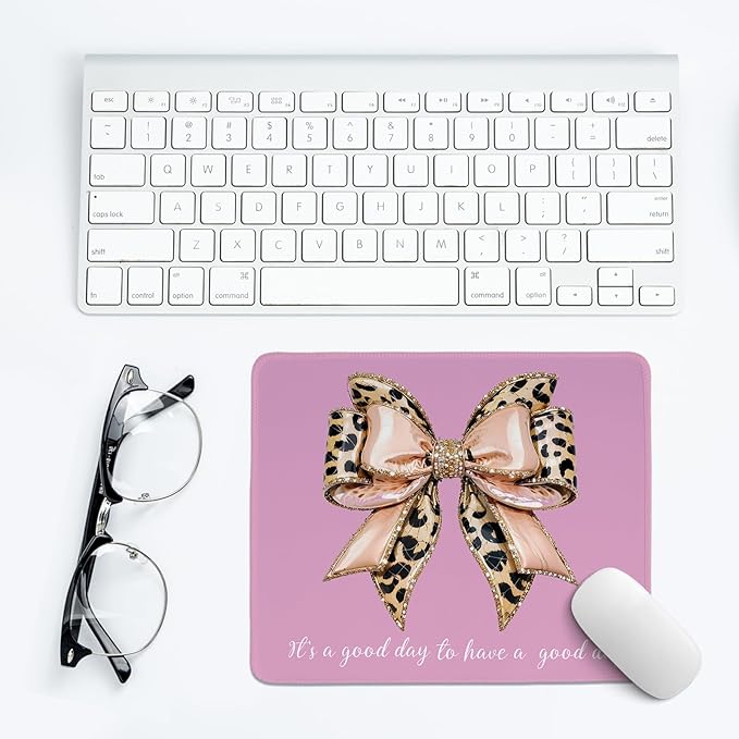 Pink Leopard Bow Mouse Pad,Coquette Pink Cheetah Bow Desk Pad,Girly Preppy Positive Affirmations Desk Mat for Girls Dorm Home Office Desktop Decor,10.2x8.2 Inch
