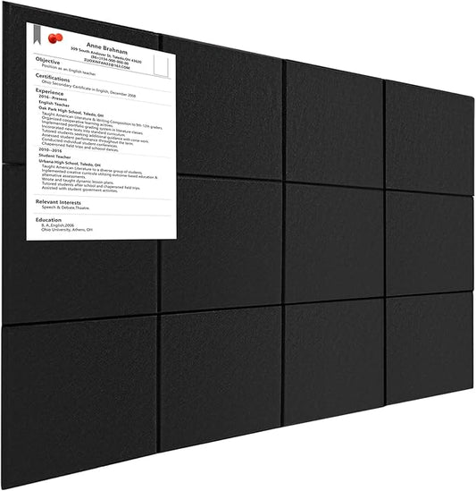 Large Bulletin Cork Boards for Walls 36" x 48", Black Bulletin Board for Office, 12 Pack Cork Felt Boards Tiles for Classroom Decor, Pin Board with Pushpins, Office Essentials