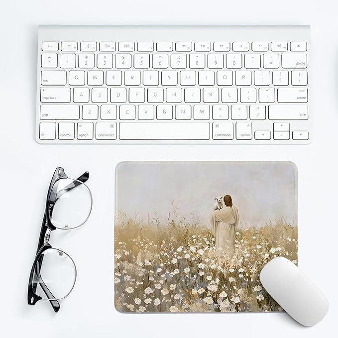Jesus Mouse Pad,Christian Mouse Pad,Vintage Easter Decor Desk Mat,White Floral Desk Mat,Christian Desk Accessories for Dorm Home Office Decor,Jesus Find The Lost Lamb,10.2x8.3 Inch