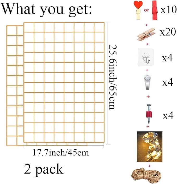 GBYAN 2 Pack Large Wall Grid Panels with Light and Clips, Photo Display Board, Picture Frame Collage Board, Wire Grid Wall Panel Room Decoration,Dark Gold