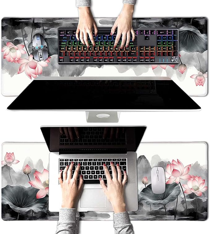 Vintage Lotus Mountain Japanese Large Mouse Pad, Desk Mat Computer Keyboard Pad Non-Slip Rubber Base Waterproof with Stitched Edges for Laptop Gaming, Office & Home 31.5 x 11.8 Inch