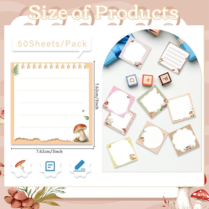 Mushroom Sticky Notes Gifts - 9 Pack Cartoon Mushroom Notepads 3x3 Inch Gifts for Students Coworkers, Cute Self-Adhesive Memo Pads Office School Supplies (450 Sheets)