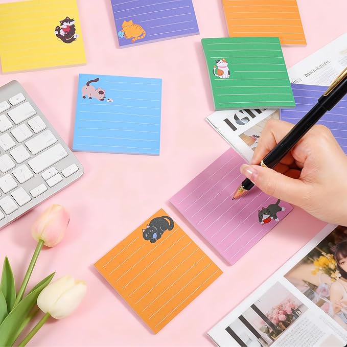 24 Pack Cat Sticky Notes, 6 Colors Lined to Do List Notepads, 3 x 3in Cute Animal Self-Stick Notes with Lines for Office, School (960 Sheets)