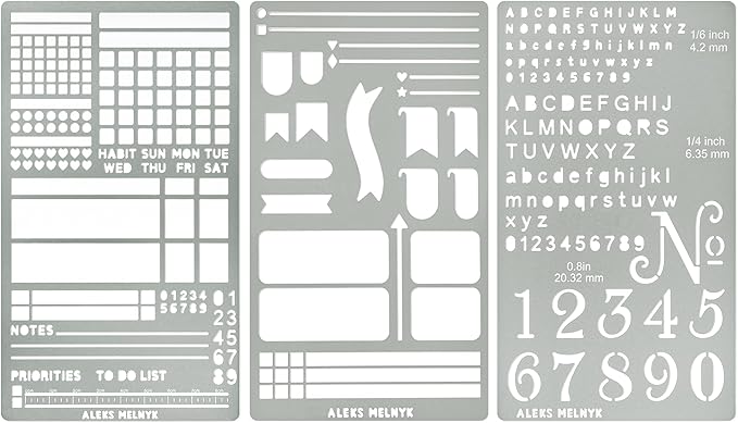 Aleks Melnyk No.486 Metal Stencils for Bullet Journaling, Bookmark, Planning, Lines, Planner, Habit Tracker, Dot Journals Stencil for Diary, Templates, Tiny Letters, Small Number