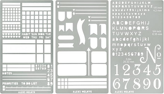 Aleks Melnyk No.486 Metal Stencils for Bullet Journaling, Bookmark, Planning, Lines, Planner, Habit Tracker, Dot Journals Stencil for Diary, Templates, Tiny Letters, Small Number