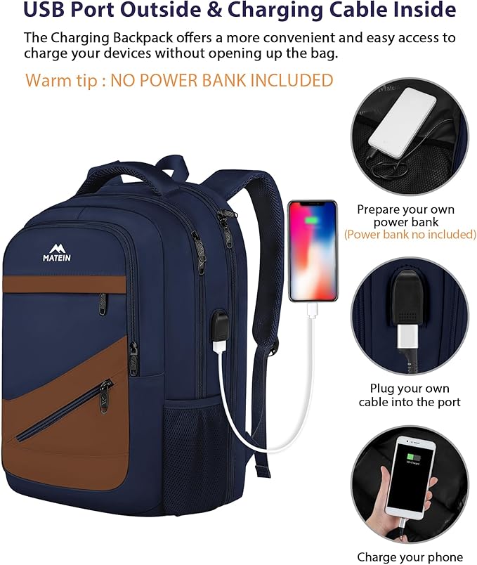 MATEIN Travel Backpack for Men with USB Charging Port, TSA Friendly Carry On 17.3 Inch Laptop Backpack with Luggage Strap, Water Resistant Flight Approved Work Business College Daypack Bag for Men