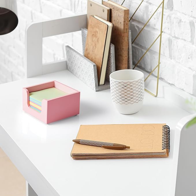 Bivvclaz Wood Sticky Note Holder, 3 x 3 Inch Post It Note Dispenser for Office Desk Accessories, Self Stick Note Pad Holder, Memo Pad Holder Dispenser Organizer for School Office Desk Supplies, Pink