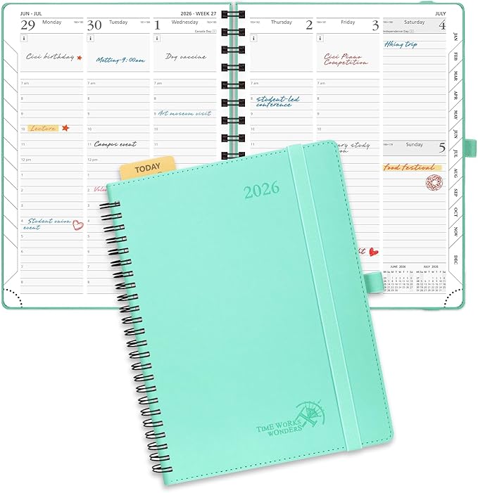 POPRUN 2026 Planner (Medium - 6.5'' x 8.5'') with Hourly Schedule & Vertical Layout - 2026 Weekly Calendar (Jan. 2026 - Dec.2026) for Time Management, Monthly Tabs, Spiral Bound, Soft Cover - Green