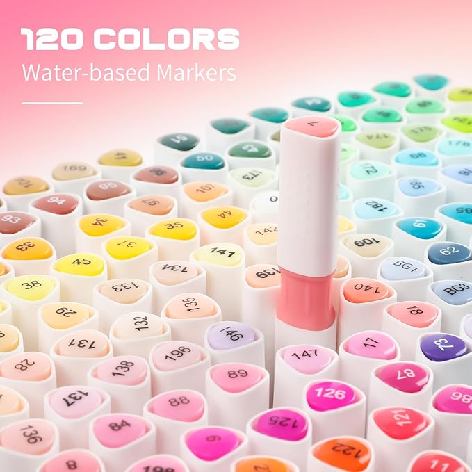 [Water-Based Ink] 120 Colors Dual Tip Markers Set, Brush & Chisel Double Tipped Art Markers for Artists Adults Beginners & Artists in Coloring, Painting