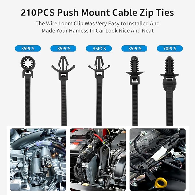 210 PCS Automotive Installation Black Push Mount Cable Zip Ties Assorted Sizes, Heavy Duty Self-Locking UV Resistant Wire Ties - For Indoor Wire Bundling, Construction, Automotive