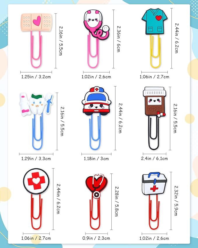 15 Pcs Cute Bookmark Paper Clips Cartoon Silicone Bookmarks with Colorful Paperclips for Girls Student Stationery Nursing Student Essentials