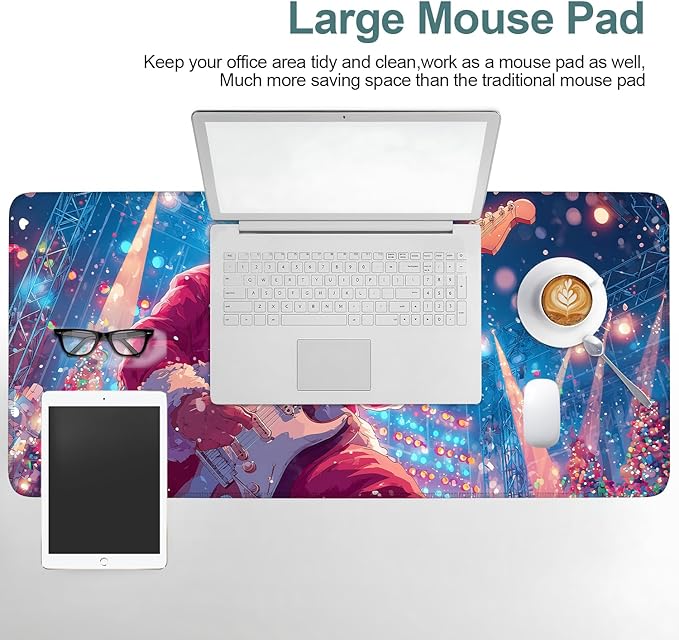Santa Claus Guitar Extended Gaming Mouse Pad 35.4 x 15.7 Inch – Festive Desk Mat for Gaming, Holiday Work, and Home Office, with Non-Slip Rubber Base and Stitched Edges