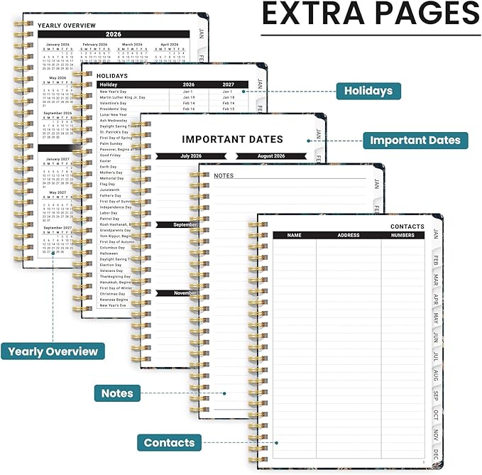 2026 Planner, Monthly and Weekly Calendar Planner for Women, Jan 2026 - Dec 2026, Hardcover Pretty 2026 Agenda Planner Book with Tabs, Spiral Bound, Perfect for School Office Home Supplies, 6.3" x 8.5" - Royal Flowers