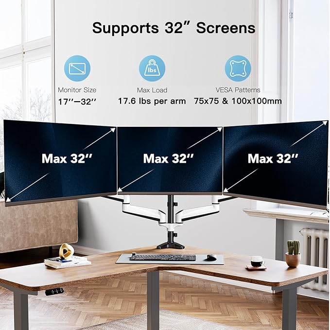 HUANUO Triple Monitor Stand - Full Motion Articulating Monitor Mount Fit Three 17 to 32 inch LCD Computer Screens with Clamp, Grommet Kit
