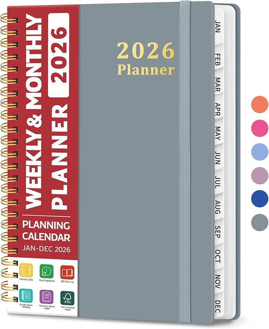 2026 Planner, Weekly and Monthly Calendar Planner, January 2026 - December 2026, Hardcover 2026 Calendar Book with Tabs For Women & Men, Inner Pocket, Spiral Bound, Perfect for Office Home School Supplies - A5 (6.3" x 8.5"), Stone Gray