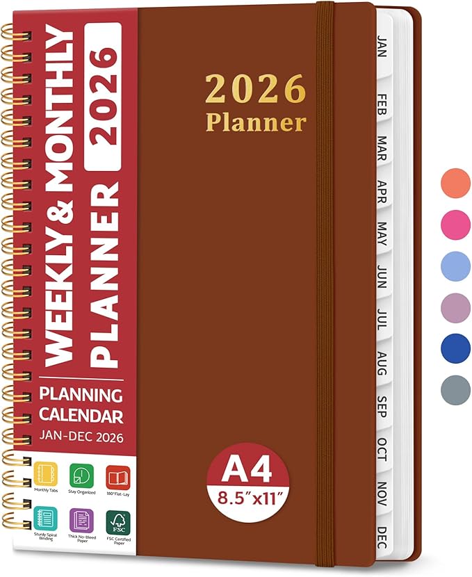 2026 Planner, Weekly and Monthly Calendar Planner, January 2026 - December 2026, Hardcover 2026 Calendar Book with Tabs For Women & Men, Inner Pocket, Spiral Bound, Perfect for Office Home School Supplies - A4 (8.5" x 11"), Rust Brown