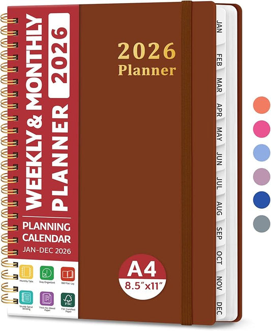 2026 Planner, Weekly and Monthly Calendar Planner, January 2026 - December 2026, Hardcover 2026 Calendar Book with Tabs For Women & Men, Inner Pocket, Spiral Bound, Perfect for Office Home School Supplies - A4 (8.5" x 11"), Rust Brown