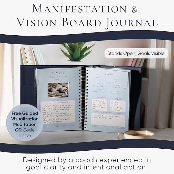 Manifestation Journal & Vision Board Kit Guided Journal | Habit Tracker & Goal Planner, Self Care & Reflection Tools | Undated Vegan Leather Hardcover | Visions in Motion Portable Vision Board (Navy)