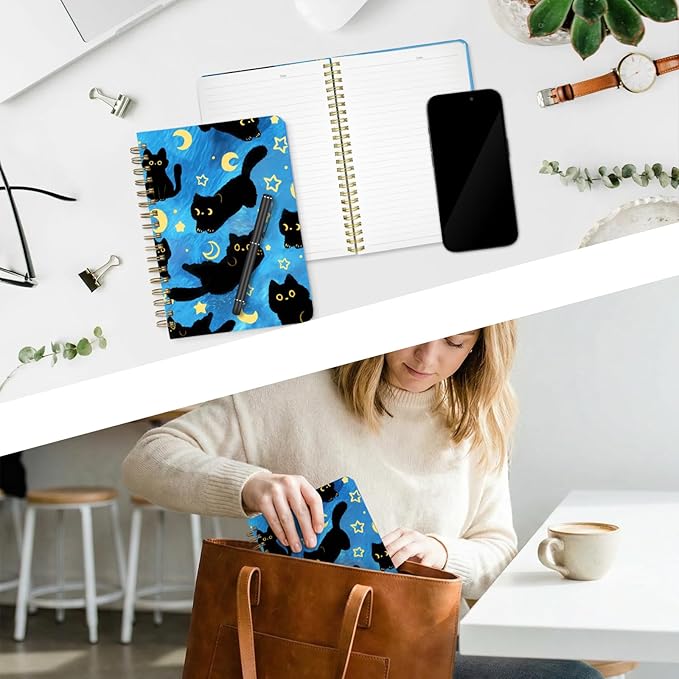 Stanoha Cute Spiral Notebook A5 Journal for Women Girls Kawaii Aesthetic Pretty Floral Design with Pocket, 8.5 x 5.7 inch, Graph, Blue Black Cat