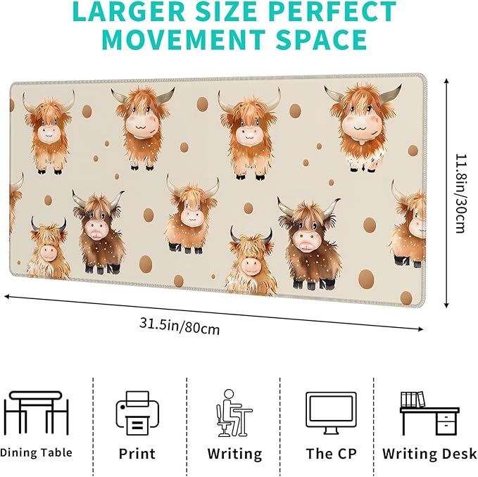 Cute Highland Cow Gaming Mouse Pad – 12x31.5in Large Extended Desk Mat with Dots Cartoon Design – Non-Slip Rubber Mousepad for Office Home – Deskmat Gifts for Animal Lovers Decor