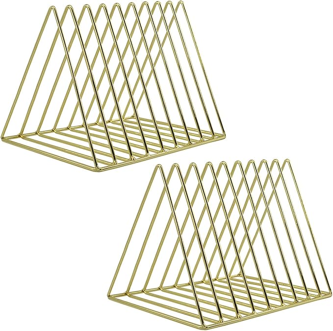 EASEPRES 9 Slot Magazine Rack Book Record Holder, Desktop Iron Storage Rack Bookshelf Multifunction Triangle File Organizer Sorter for Decor Home Office, Golden Pack of 2
