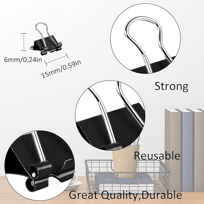 JANYUN Mini Binder Clips, 150Pcs15 mm /0.6 Inch Small Paper Clamps Metal Clips for Office School Home Supplies (Black)