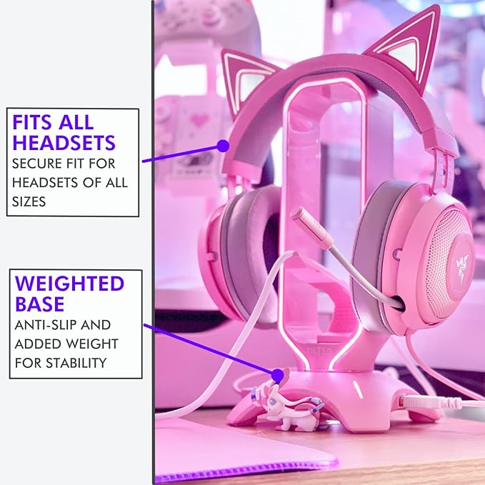 Tilted Nation Cute Headphone Stand Pink | Headset Stand with RGB, Mouse Bungee Holder, and 2 Port USB Hub Charger - Desk Gaming Accessories