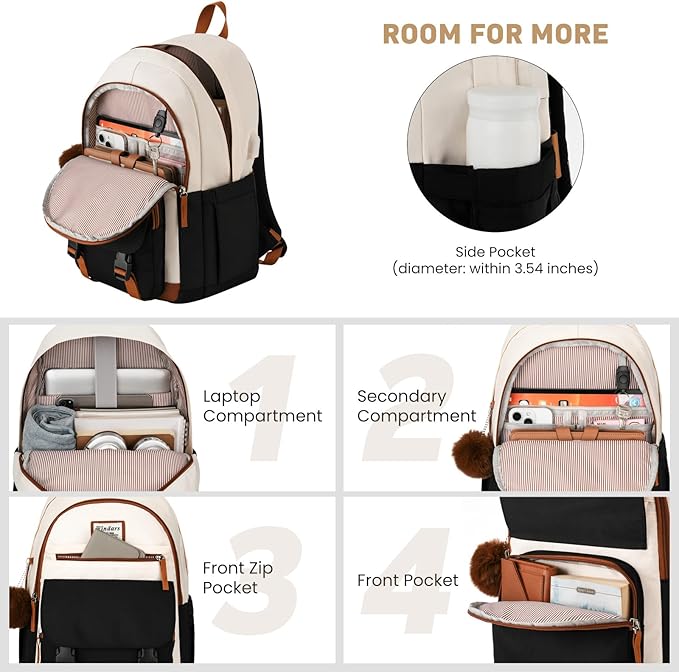 School Backpack for Teen Girls, Cute College Backpacks for Women Students Aesthetic Bookbag Large 15.6 Inch Laptop Bag Middle School Travel Back Pack (Beige-Black-Brown)